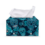 Teal Sugar Skull Flower Pattern Print Leather Tissue Box Cover