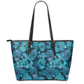 Teal Sugar Skull Flower Pattern Print Leather Tote Bag With Zipper