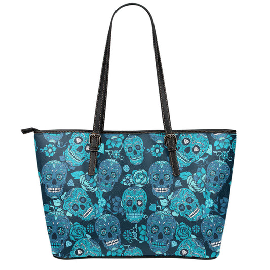 Teal Sugar Skull Flower Pattern Print Leather Tote Bag