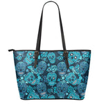 Teal Sugar Skull Flower Pattern Print Leather Tote Bag