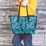 Teal Sugar Skull Flower Pattern Print Leather Tote Bag