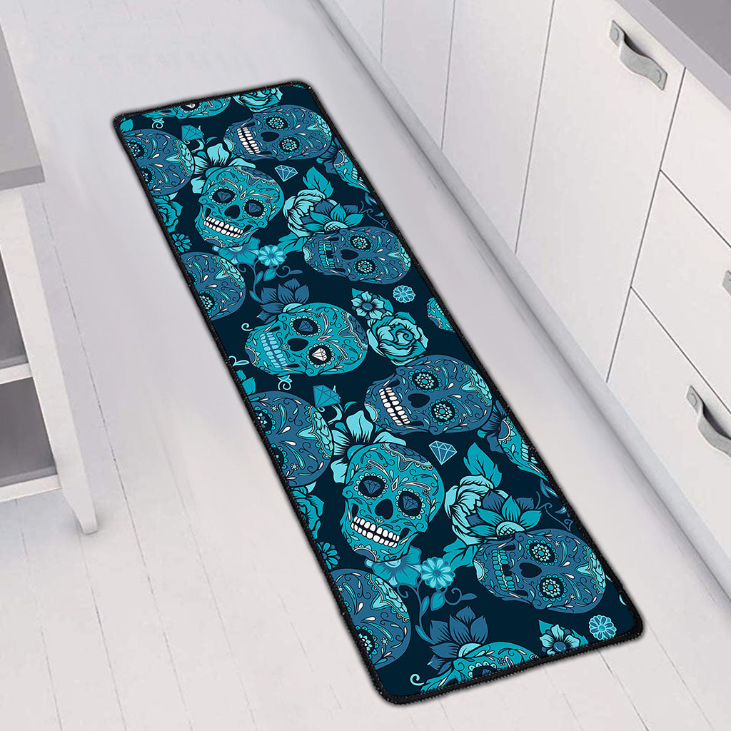 Teal Sugar Skull Flower Pattern Print Long Kitchen Mat