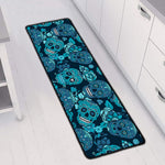 Teal Sugar Skull Flower Pattern Print Long Kitchen Mat