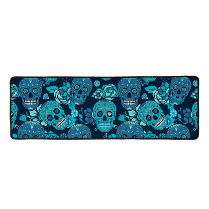Teal Sugar Skull Flower Pattern Print Long Kitchen Mat