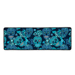 Teal Sugar Skull Flower Pattern Print Long Kitchen Mat