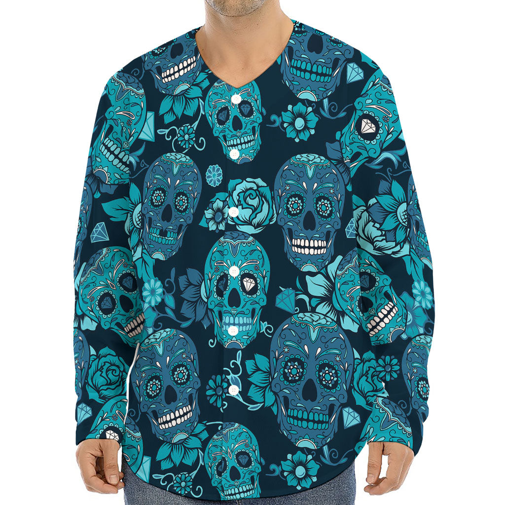 Teal Sugar Skull Flower Pattern Print Long Sleeve Baseball Jersey