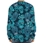 Teal Sugar Skull Flower Pattern Print Long Sleeve Baseball Jersey