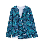 Teal Sugar Skull Flower Pattern Print Long Sleeve Short Coat