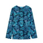 Teal Sugar Skull Flower Pattern Print Long Sleeve Short Coat