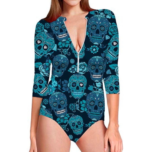 Teal Sugar Skull Flower Pattern Print Long Sleeve Swimsuit