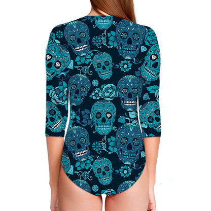 Teal Sugar Skull Flower Pattern Print Long Sleeve Swimsuit