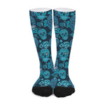 Teal Sugar Skull Flower Pattern Print Long Socks
