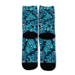 Teal Sugar Skull Flower Pattern Print Long Socks