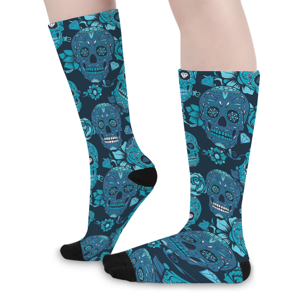 Teal Sugar Skull Flower Pattern Print Long Socks