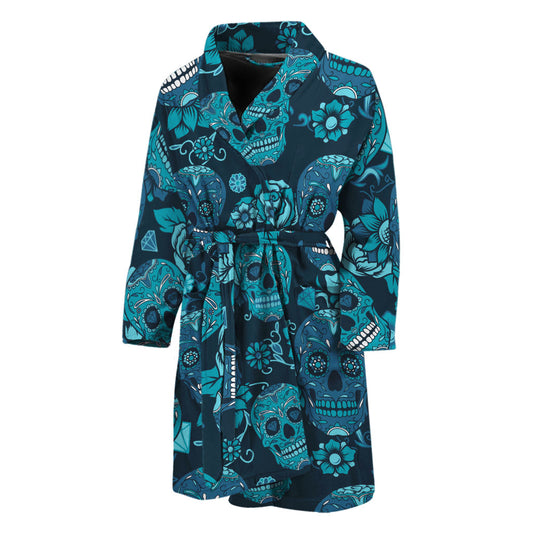 Teal Sugar Skull Flower Pattern Print Men's Bathrobe