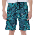 Teal Sugar Skull Flower Pattern Print Men's Beach Shorts
