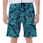 Teal Sugar Skull Flower Pattern Print Men's Beach Shorts