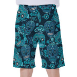 Teal Sugar Skull Flower Pattern Print Men's Beach Shorts