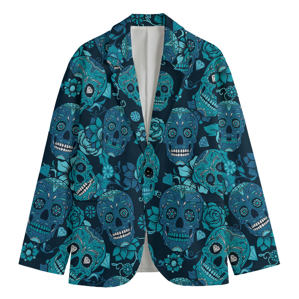 Teal Sugar Skull Flower Pattern Print Men's Blazer