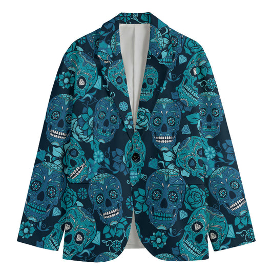 Teal Sugar Skull Flower Pattern Print Men's Blazer