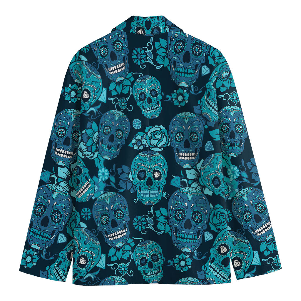 Teal Sugar Skull Flower Pattern Print Men's Blazer