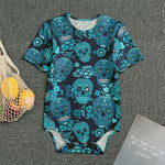 Teal Sugar Skull Flower Pattern Print Men's Bodysuit