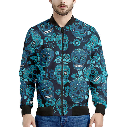 Teal Sugar Skull Flower Pattern Print Men's Bomber Jacket