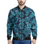 Teal Sugar Skull Flower Pattern Print Men's Bomber Jacket