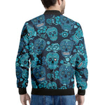 Teal Sugar Skull Flower Pattern Print Men's Bomber Jacket
