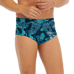 Teal Sugar Skull Flower Pattern Print Men's Briefs