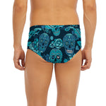Teal Sugar Skull Flower Pattern Print Men's Briefs