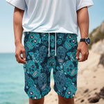 Teal Sugar Skull Flower Pattern Print Men's Cargo Shorts