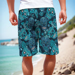 Teal Sugar Skull Flower Pattern Print Men's Cargo Shorts