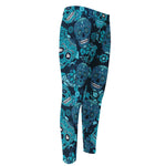 Teal Sugar Skull Flower Pattern Print Men's Compression Pants