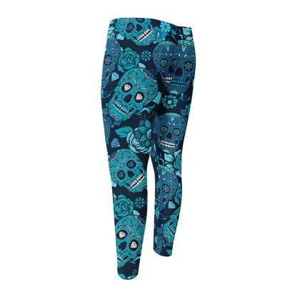 Teal Sugar Skull Flower Pattern Print Men's Compression Pants