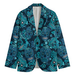 Teal Sugar Skull Flower Pattern Print Men's Cotton Blazer