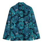 Teal Sugar Skull Flower Pattern Print Men's Cotton Blazer