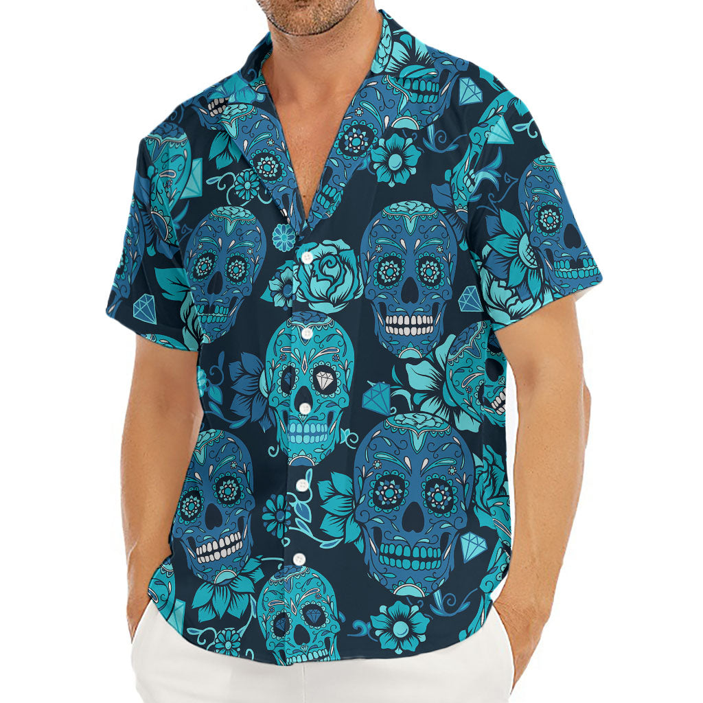 Teal Sugar Skull Flower Pattern Print Men's Deep V-Neck Shirt