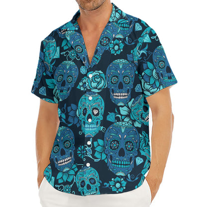 Teal Sugar Skull Flower Pattern Print Men's Deep V-Neck Shirt