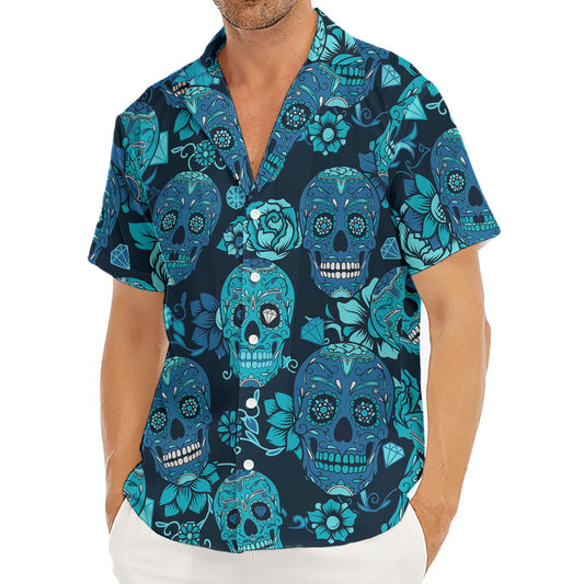 Teal Sugar Skull Flower Pattern Print Men's Deep V-Neck Shirt