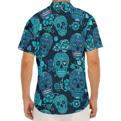 Teal Sugar Skull Flower Pattern Print Men's Deep V-Neck Shirt
