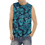 Teal Sugar Skull Flower Pattern Print Men's Fitness Tank Top