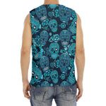 Teal Sugar Skull Flower Pattern Print Men's Fitness Tank Top