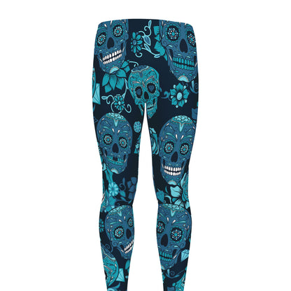 Teal Sugar Skull Flower Pattern Print Men's leggings