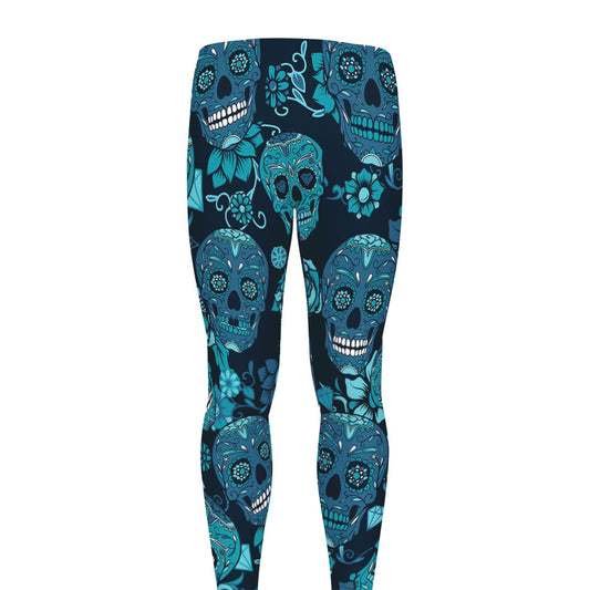 Teal Sugar Skull Flower Pattern Print Men's leggings