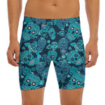 Teal Sugar Skull Flower Pattern Print Men's Long Boxer Briefs