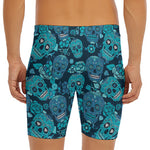 Teal Sugar Skull Flower Pattern Print Men's Long Boxer Briefs