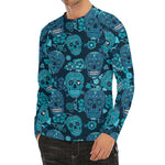 Teal Sugar Skull Flower Pattern Print Men's Long Sleeve Rash Guard