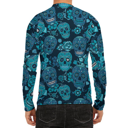 Teal Sugar Skull Flower Pattern Print Men's Long Sleeve Rash Guard