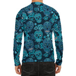 Teal Sugar Skull Flower Pattern Print Men's Long Sleeve Rash Guard